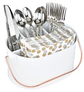 red co. 10″ x 7″ enameled metal utensil caddy & countertop flatware organizer with handle, farmhouse white/rose gold