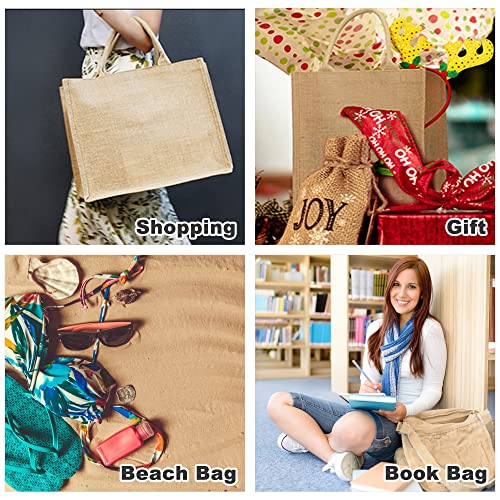 BeeGreen 8 Pack Burlap Jute Tote Bags Bulk X-Large Full Gusset with Inner Zipper Pocket & Cotton Handles Blank Burlap Bags for Beach Teacher Mother Bridesmaid Wedding DIY Decoration