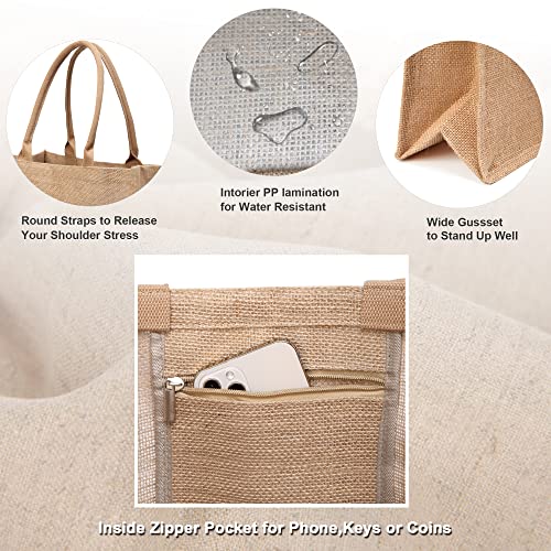 BeeGreen 8 Pack Burlap Jute Tote Bags Bulk X-Large Full Gusset with Inner Zipper Pocket & Cotton Handles Blank Burlap Bags for Beach Teacher Mother Bridesmaid Wedding DIY Decoration