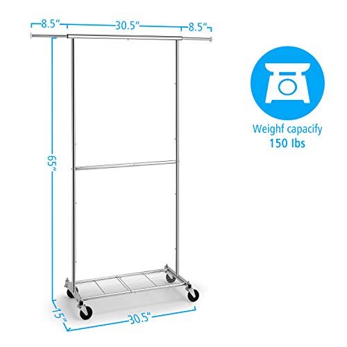 Simple Trending Standard Clothing Garment Rack, Rolling Clothes Organizer with Wheels and Bottom Shelves, Extendable, Chrome