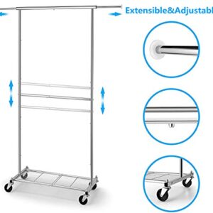 Simple Trending Standard Clothing Garment Rack, Rolling Clothes Organizer with Wheels and Bottom Shelves, Extendable, Chrome