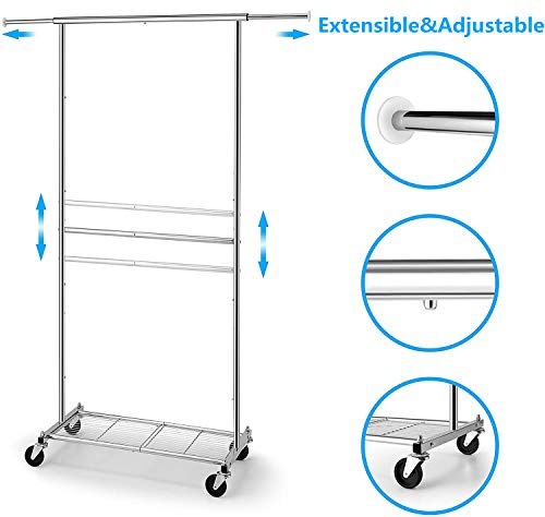 Simple Trending Standard Clothing Garment Rack, Rolling Clothes Organizer with Wheels and Bottom Shelves, Extendable, Chrome