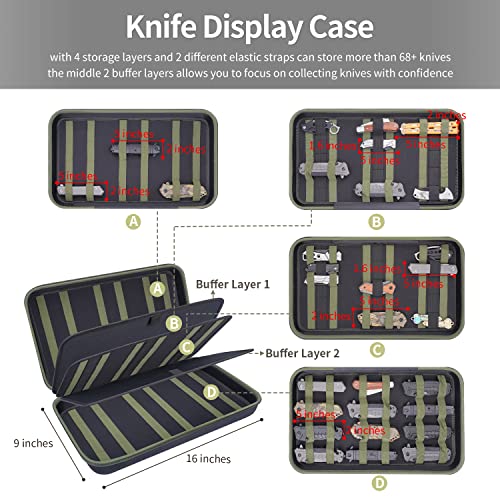 HESPLUS Knife Display Case for 65+ Pocket Knives, Folding Knife Organizer Butterfly Knife Storage Box Carrying Bag Knife Roll Collection Holder for Tactical Survival Outdoor Camping EDC Mini Knife