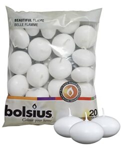 bolsius white floating candles 1.75 inch – 20 pack candle set – 5+ hours burn time – premium european quality – smokeless & dripless smooth flame – 100% cotton wick – beach, wedding, & party accessory