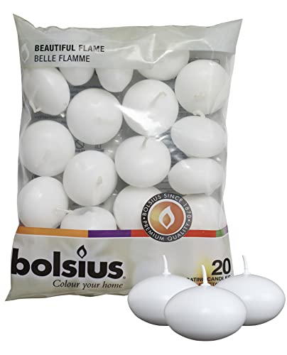 Bolsius White Floating Candles 1.75 Inch – 20 Pack Candle Set – 5+ Hours Burn Time – Premium European Quality – Smokeless & Dripless Smooth Flame – 100% Cotton Wick – Beach, Wedding, & Party Accessory