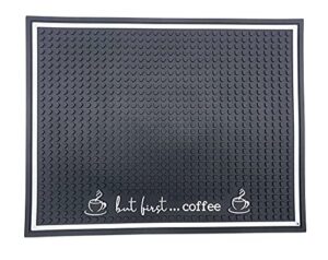 urbn premium thick non-slip”but first coffee” rubber spill mat for countertop or kitchen bars, 18in x 14in x 0.4in – black