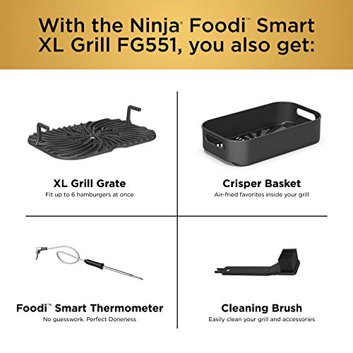 Ninja FG551 Foodi Smart XL 6-in-1 Indoor Grill with Air Fry, Roast, Bake, Broil & Dehydrate, Smart Thermometer, Black/Silver