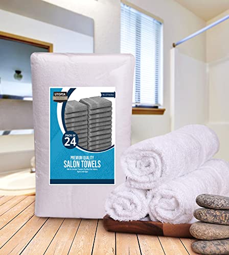 Utopia Towels White Salon Towels, Pack of 24 (Not Bleach Proof, 16 x 27 Inches) Highly Absorbent Towels for Hand, Gym, Beauty, Spa, and Home Hair Care