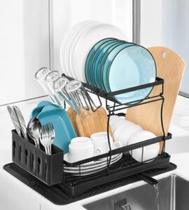 epsy large kitchen 2 tier dish drying rack and drainboard set – kitchen sink organizer and dish drainers for kitchen counter – stainless steel drying dish rack – black dish drainer with utensil holder