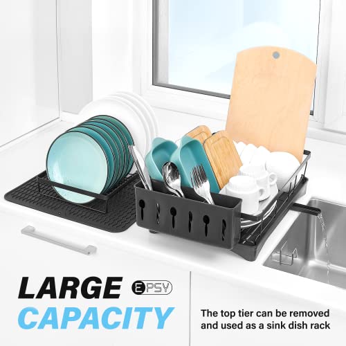 Epsy Large Kitchen 2 Tier Dish Drying Rack and Drainboard Set - Kitchen Sink Organizer and Dish Drainers for Kitchen Counter - Stainless Steel Drying Dish Rack - Black Dish Drainer with Utensil Holder