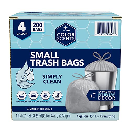 Color Scents Small Trash Bags - 4 Gallon, 200 Total Bags (1 Pack of 200 Count), Drawstring - Silver bag in Linen Fresh Scent