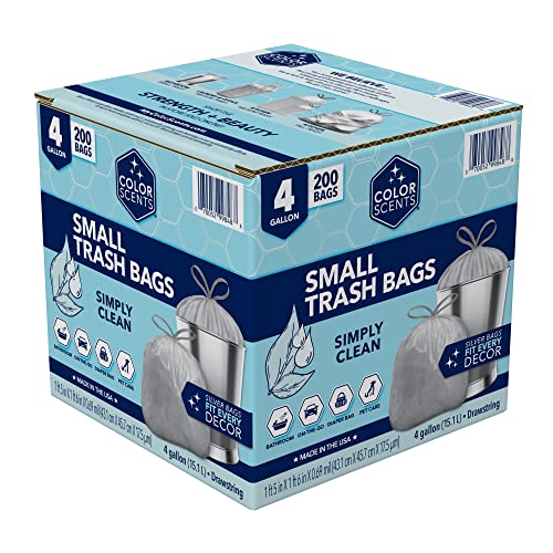 Color Scents Small Trash Bags - 4 Gallon, 200 Total Bags (1 Pack of 200 Count), Drawstring - Silver bag in Linen Fresh Scent