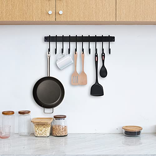 Utensil Holder, Kitchen Rail with 10 Hooks, Kitchen Pots Pans Organizer Hanger, Wall Mounted Wrought Iron Hanging Utensil Holder Rack with Black 17 Inch for Coffee Mug Rack Cup Hanging Kitchen Black, Set of 2