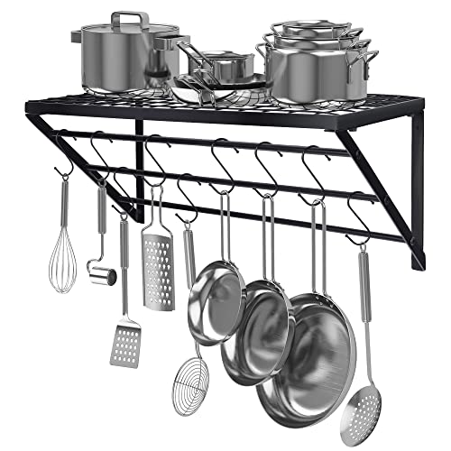 Clastyle 3 Tier Hanging Pot Rack for Kitchen Wall Mounted Pot and Pan Holder with 10 Hooks Stainless Steel Kitchenware Pot Saucepan Hanger, Matte Black