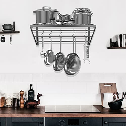 Clastyle 3 Tier Hanging Pot Rack for Kitchen Wall Mounted Pot and Pan Holder with 10 Hooks Stainless Steel Kitchenware Pot Saucepan Hanger, Matte Black