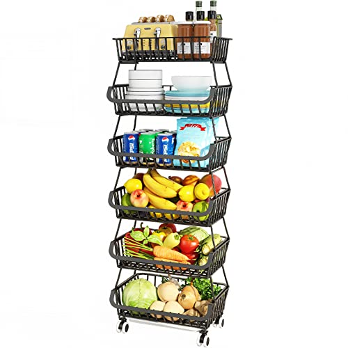 6 Tier Fruit Basket for Kitchen, Fruit and Vegetable Storage Cart Stackable Wire Baskets with Wheels Vegetable Produce Basket Potato Onion Storage Bins Rack for Kitchen Pantry