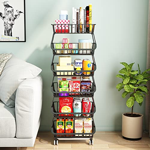 6 Tier Fruit Basket for Kitchen, Fruit and Vegetable Storage Cart Stackable Wire Baskets with Wheels Vegetable Produce Basket Potato Onion Storage Bins Rack for Kitchen Pantry