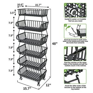 6 Tier Fruit Basket for Kitchen, Fruit and Vegetable Storage Cart Stackable Wire Baskets with Wheels Vegetable Produce Basket Potato Onion Storage Bins Rack for Kitchen Pantry