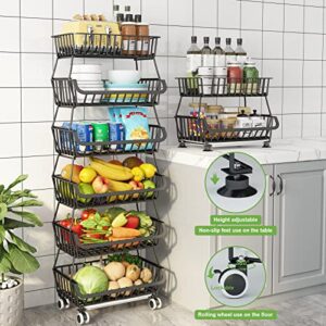 6 Tier Fruit Basket for Kitchen, Fruit and Vegetable Storage Cart Stackable Wire Baskets with Wheels Vegetable Produce Basket Potato Onion Storage Bins Rack for Kitchen Pantry