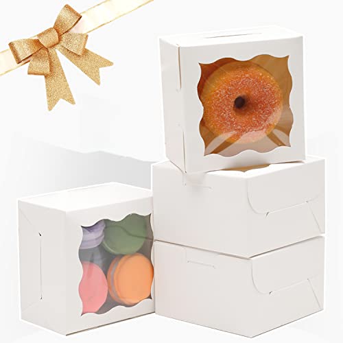 White Bakery Boxes with Window 4x4x2.5 inches Small Size Pastry Boxes Mini Cookie Boxes for Bakerys Thick & Sturdy （100 Packs）