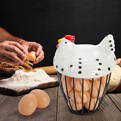 Yopay Egg Basket, Metal Wire Chicken Egg Holder, Countertop Egg Collecting Basket with Ceramic Lid for Gathering Fresh Eggs, Farmhouse Rustic Round Wire Egg Container for Kitchen Supplies, Pantry