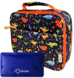dinosaur lunch box with for boys with ice pack, insulated bag for toddlers kids girls baby boy daycare pre-school kindergarten, container boxes for small kid snacks lunches, bpa free, blue orange dino