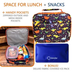 Dinosaur Lunch Box with for Boys with Ice Pack, Insulated Bag for Toddlers Kids Girls Baby Boy Daycare Pre-School Kindergarten, Container Boxes for Small Kid Snacks Lunches, BPA Free, Blue Orange Dino