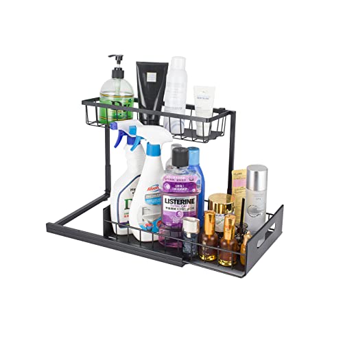 Mr Rabbi Under Sink Organizer and Storage, 2-Tier Pull Out Cabinet Organizer, Multi-use Sliding Shelf Under Cabinet Storage for Kitchen Bathroom Countertop Organizer