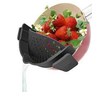 yevior clip on strainer for pots pan pasta strainer, silicone food strainer hands-free pan strainer, clip-on kitchen food strainer for spaghetti, pasta, ground beef fits all bowls and pots – black