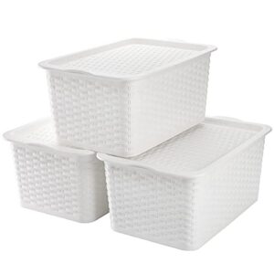 dicunoy 3 pack lidded storage bins, stackable bathroom storage baskets with lids, small white plastic pantry organizer with handle for kitchen, rv, lockers, classrooms, school, toys, 11″ x 7″ x 5″