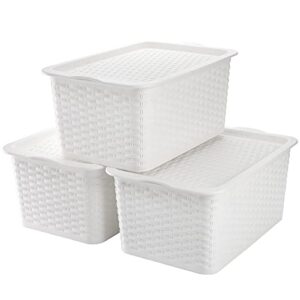 Dicunoy 3 Pack Lidded Storage Bins, Stackable Bathroom Storage Baskets with Lids, Small White Plastic Pantry Organizer with Handle for Kitchen, RV, Lockers, Classrooms, School, Toys, 11" x 7" x 5"