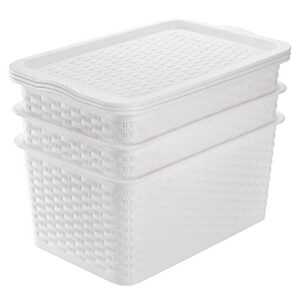 Dicunoy 3 Pack Lidded Storage Bins, Stackable Bathroom Storage Baskets with Lids, Small White Plastic Pantry Organizer with Handle for Kitchen, RV, Lockers, Classrooms, School, Toys, 11" x 7" x 5"