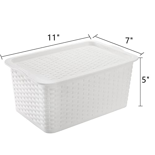Dicunoy 3 Pack Lidded Storage Bins, Stackable Bathroom Storage Baskets with Lids, Small White Plastic Pantry Organizer with Handle for Kitchen, RV, Lockers, Classrooms, School, Toys, 11" x 7" x 5"