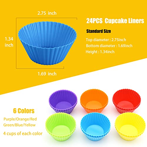 Silicone Cupcake Baking Cups 24 Pack, Reusable & Non-stick Muffin Cupcake Liners Holders Set for Party Halloween Christmas, Easy Clean Pastry Muffin Molds（Pack of 24,Multicolor）