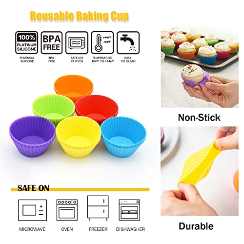 Silicone Cupcake Baking Cups 24 Pack, Reusable & Non-stick Muffin Cupcake Liners Holders Set for Party Halloween Christmas, Easy Clean Pastry Muffin Molds（Pack of 24,Multicolor）