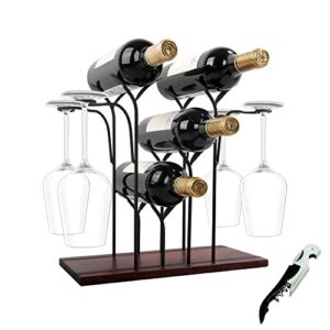 wine rack countertop, wine holder and glass holder, hold 4 wine bottles and 4 glasses, perfect for home decor & kitchen storage rack, bar, wine cellar, cabinet, pantry, etc, wood & metal (bronze)