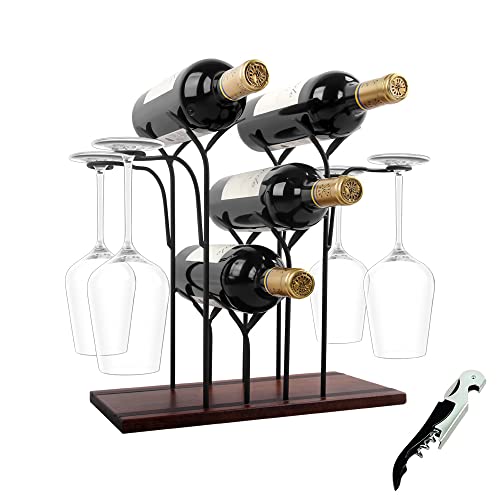 Wine Rack Countertop, Wine Holder and Glass Holder, Hold 4 Wine Bottles and 4 Glasses, Perfect for Home Decor & Kitchen Storage Rack, Bar, Wine Cellar, Cabinet, Pantry, etc, Wood & Metal (Bronze)