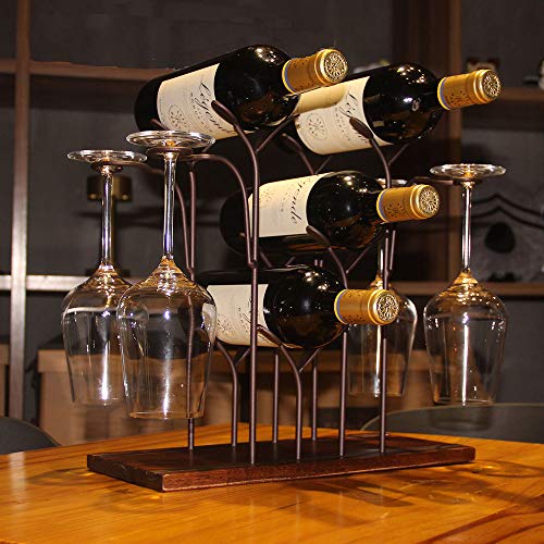 Wine Rack Countertop, Wine Holder and Glass Holder, Hold 4 Wine Bottles and 4 Glasses, Perfect for Home Decor & Kitchen Storage Rack, Bar, Wine Cellar, Cabinet, Pantry, etc, Wood & Metal (Bronze)