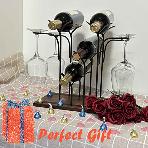 Wine Rack Countertop, Wine Holder and Glass Holder, Hold 4 Wine Bottles and 4 Glasses, Perfect for Home Decor & Kitchen Storage Rack, Bar, Wine Cellar, Cabinet, Pantry, etc, Wood & Metal (Bronze)