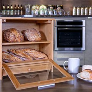 Bamboo Bread Box with Clear Front Window - Large Capacity Wooden Bread Storage Holder for Kitchen Counter - Double Layer Bread Storage Bin Holds 2 Loaves