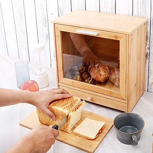 Bamboo Bread Box with Clear Front Window - Large Capacity Wooden Bread Storage Holder for Kitchen Counter - Double Layer Bread Storage Bin Holds 2 Loaves