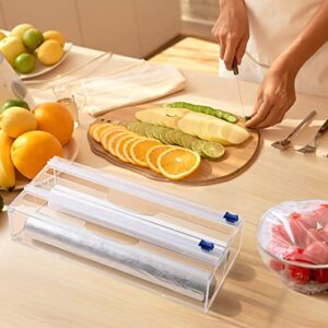 Plastic Wrap Dispenser with Cutter, Acrylic Foil and Plastic Wrap Organizer, Clear Aluminum Foil Dispenser with Cutter for Drawer, Wax Paper Holder with Slide Cutter, Compatible with 13" Roll