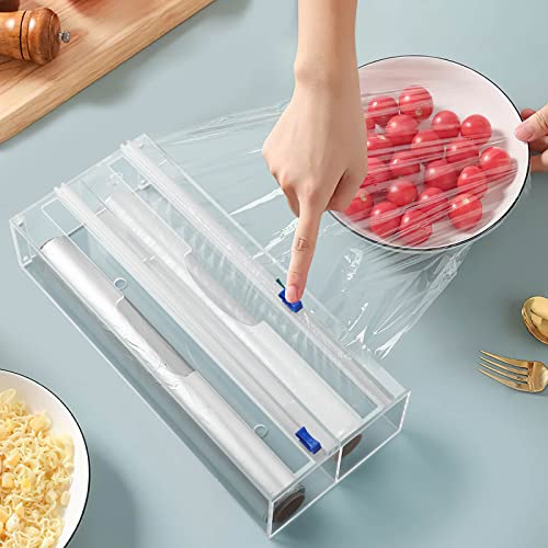 Plastic Wrap Dispenser with Cutter, Acrylic Foil and Plastic Wrap Organizer, Clear Aluminum Foil Dispenser with Cutter for Drawer, Wax Paper Holder with Slide Cutter, Compatible with 13" Roll