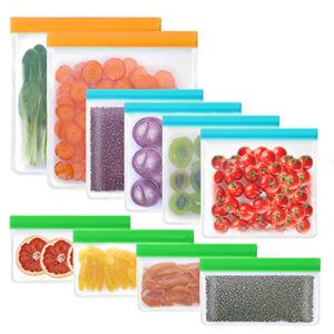 10 pack bpa free reusable storage bags 2 reusable gallon bags+4 leakproof reusable sandwich bags+4 thick reusable snack bags freezer bags leakproof lunch bags for food meat fruit cereal (multicolored)