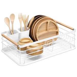 navaris dish drainer rack – plate, silverware, pots and pans drying rack for kitchen with beechwood handles – modern retro design drip tray – white
