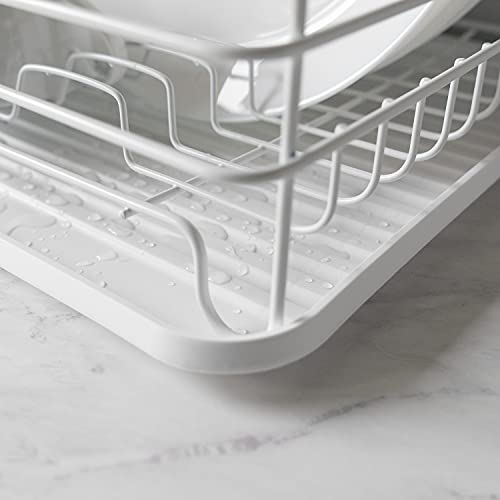 Navaris Dish Drainer Rack - Plate, Silverware, Pots and Pans Drying Rack for Kitchen with Beechwood Handles - Modern Retro Design Drip Tray - White