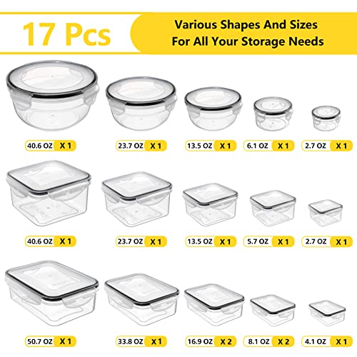 34 PCS Food Storage Containers Set with Airtight Lids (17 Lids &17 Containers) - BPA-Free Plastic Food Container for Kitchen Storage Organization, Salad Fruit Lunch Containers with Labels & Marker