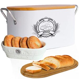 3 in 1 - Premium White Bread Box for Kitchen Counter, Perfect Wedding & Kitchen Decor Gift for Women - 16.1"x 7"x 6.3" Bread Storage Container with Extra Oval Banneton Bread Proofing Basket