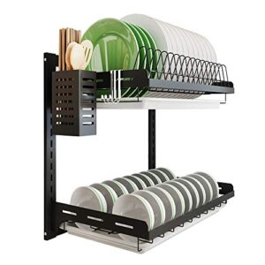 kitchen dish rack,hanging drying plate organizer storage shelf over the sink,junyuan 2 tier wall mount bowl holder with drain tray with 3 hooks,stainless steel black coating (2 tier, 16)
