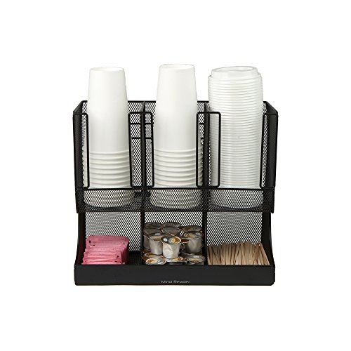 Mind Reader 6 Compartment Upright Breakroom Coffee Condiment and Cup Storage Organizer, Black Metal Mesh